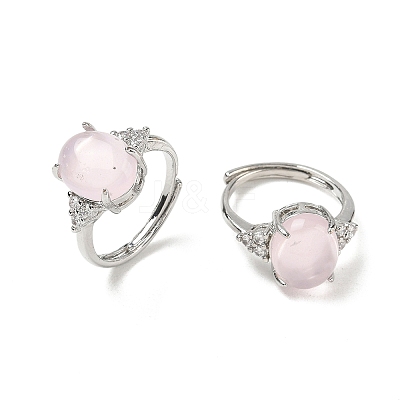 Brass Micro Pave Cubic Zirconia with Natural Rose Quartz Cuff Open Rings RJEW-T035-01P-L-1