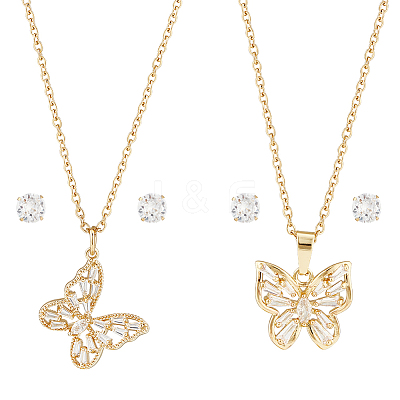 2 Sets 2 Styles Clear Cubic Zirconia Stud Earrings & Butterfly Pendant Necklaces Set SJEW-HY0001-01-1
