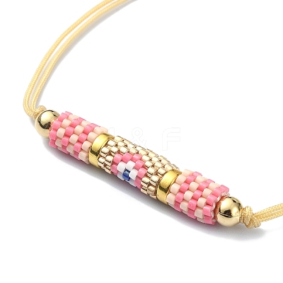 Glass Seed Column with Evil Eye Link Bracelet BJEW-MZ00029-02-1