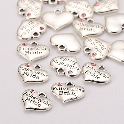 Wedding Theme Antique Silver Tone Tibetan Style Alloy Heart with Father of the Bride Rhinestone Charms TIBEP-N005-19D-1