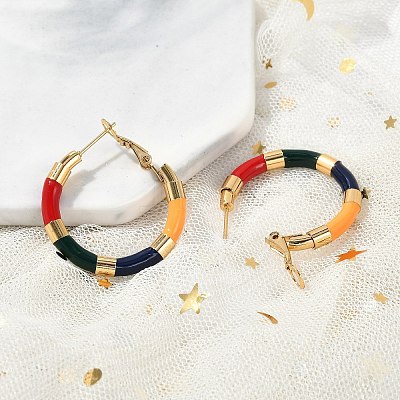 PVD Vacuum Plating 201 Stainless Steel Enamel Hoop Earrings for Women EJEW-B016-33C-1