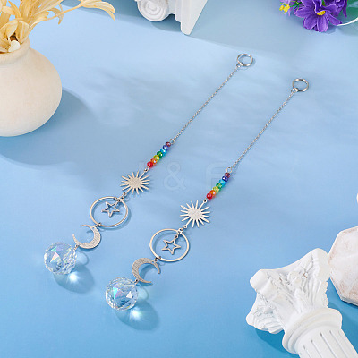2Pcs Brass Sun Moon Star Hanging Ornaments HJEW-TA00371-1