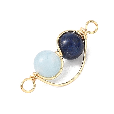 Copper Wire Wrapped Natural Lapis Lazuli & Dyed Blue Quartz Round Beded Links Connector Charms PALLOY-JF04678-02-1