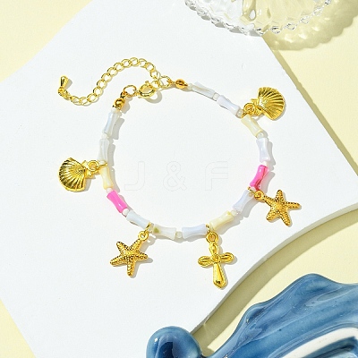 Starfish & Cross & Shell Alloy Charm Bracelet BJEW-FS00015-1