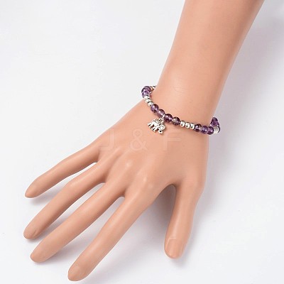 Natural Amethyst Beaded Elephant Charm Stretch Bracelets BJEW-JB01974-03-1