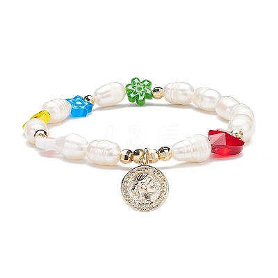 Natural Pearl & Millefiori Glass Beaded Stretch Bracelet with Heart and Coin Charm for Women BJEW-TA00060-1