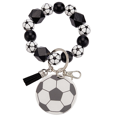1Pc Printed Acrylic & Faux Suede Tassel Pendant & Wood Bead Keychains HJEW-SP0001-86E-1