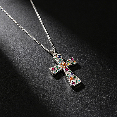Alloy Rhinestone Enamel Floral Cross Pendant Necklaces for Women WGDC600-01-1
