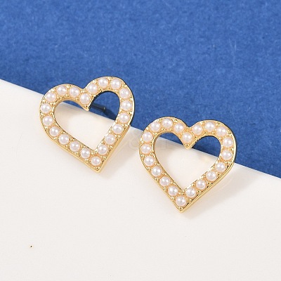 Brass ABS Plastic Pearl Hollow Heart Stud Earrings EJEW-L275-14G-04-1