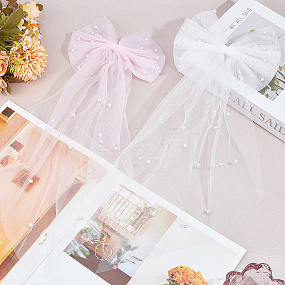 2Pcs 2 Colors Bowknot Long Mesh Tulle Bridal Veils with Hair Barrettes & Imitation Pearl OHAR-GO0001-10-1