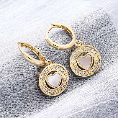 Heart with Flat Round Brass Micro Pave Clear Cubic Zirconia Hoop Earrings KK-D363-11A-G-1