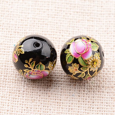 Flower Picture Printed Glass Round Beads GLAA-J087-12mm-A09-1