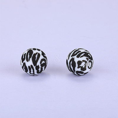 Printed Round with Leopard Print Pattern Silicone Focal Beads SI-JX0056A-03-1