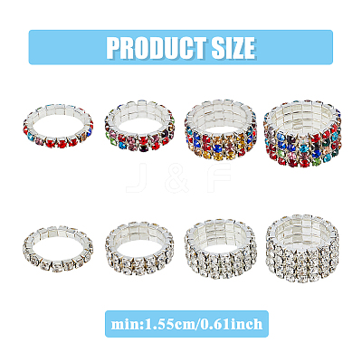 8Pcs 8 Style Rhinestone Tennis Chains Stretch Rings Set for Women RJEW-FI0001-02-1