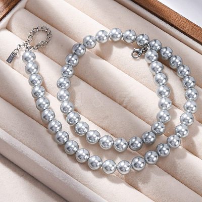8mm Shell Pearl Round Beaded Necklaces NJEW-U026-15P-1