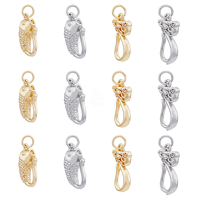 12Pcs 4 Styles Rack Plating Brass Hook Clasps KK-FH0005-43-1