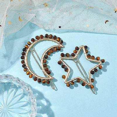 2Pcs Moon & Star Alloy with Natural Tiger Eye Hollow Hair Barrettes PHAR-JH00105-04-1
