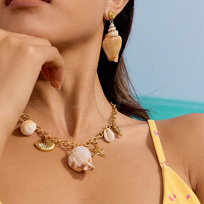 304 Stainless Steel with Natural Shell Starfish Sea Horse Pendant Bib Necklaces for Women FS-WG01E94-02-1