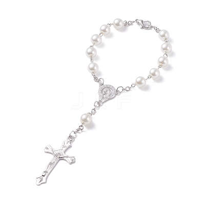 Religious Prayer Imitation Pearl Beaded Rosary Bracelet BJEW-O140-01P-1