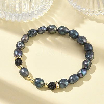Natural Cultured Freshwater Pearl & Lava Rock Beaded Stretch Bracelets for Women BJEW-JB13714-01-1