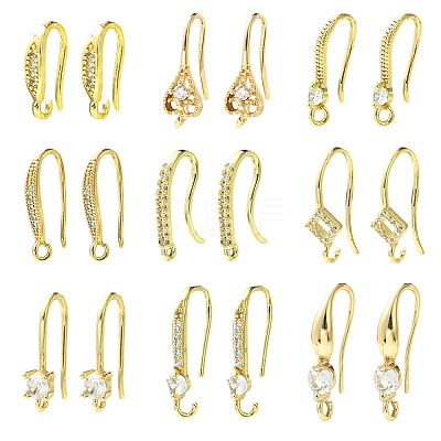 18Pcs 9 Styles Brass Micro Pave Clear Cubic Zirconia Earring Hooks ZIRC-CJ0001-29-1