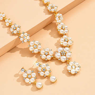 Flower Alloy Crystal Rhinestone & Plastic Pearl Link Chain Necklaces & Stud Dangle Earrings Sets FS-WGC22CC-01-1