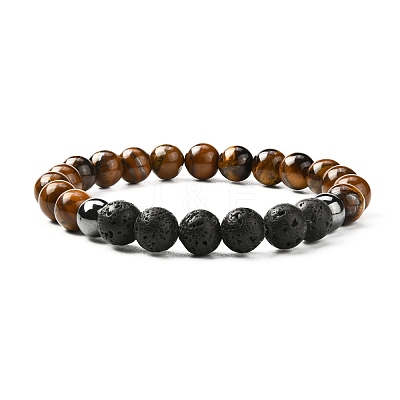 Natural Tiger Eye & Lava Rock & Synthetic Hematitie Beads Stretch Bracelet Set BJEW-JB07030-1