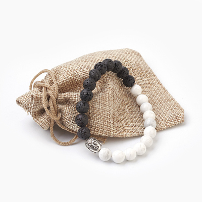 Natural Lava Rock Beads and Natural Howlite Beads Stretch Bracelets BJEW-JB03851-05-1