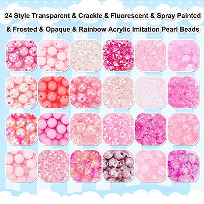 576Pcs 24 Style Transparent & Crackle & Fluorescent & Spray Painted & Frosted & Opaque & Rainbow Acrylic Imitation Pearl Beads DIY-HY0001-35C-1