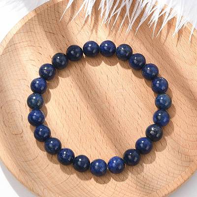 Natural Lapis Lazuli Beaded Stretch Bracelet X-BJEW-F203-06-1