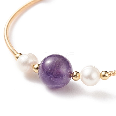 Natural Amethyst & Pearl Round Beaded Bangle BJEW-JB08464-03-1