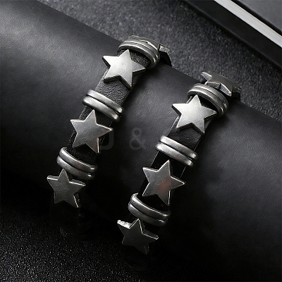 2Pcs Retro Punk Hip-Hop Pentagram Leather Bracelet BJEW-CL0001-41-1