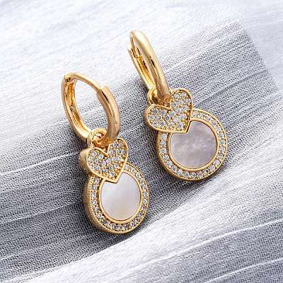 Heart with Flat Round Brass Micro Pave Clear Cubic Zirconia Hoop Earrings KK-D363-11B-G-1