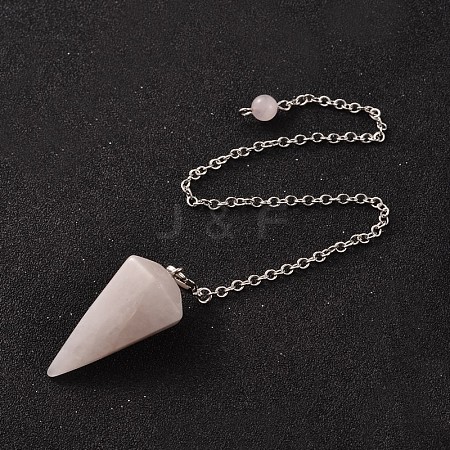 Platinum Tone Brass Rose Quartz Cone Hexagonal Pointed Dowsing Pendulums X-MAK-M015-01H-1