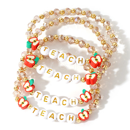 4Pcs Glass & Brass Beaded Apple Stretch Bracelet Sets for European and American Teachers EL2376-1