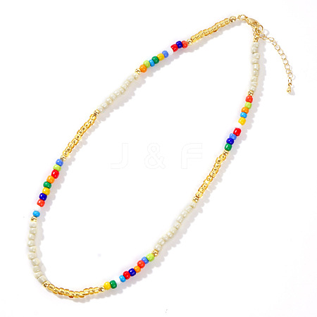 Rainbow Fashion Glass Pearl Bead Necklace Handmade Mixed Color Rice Beads Women. AP1296-3-1