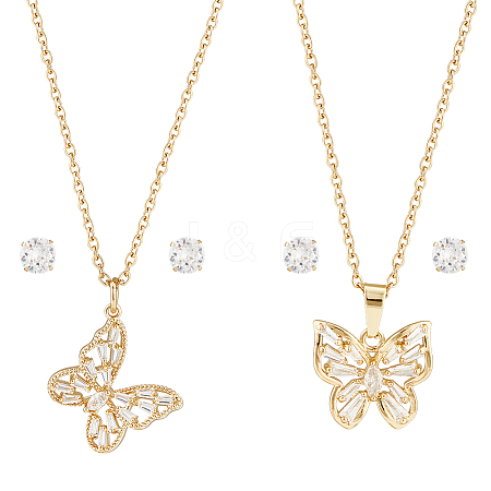 HOBBIESAY 2 Sets 2 Styles Clear Cubic Zirconia Stud Earrings & Butterfly Pendant Necklaces Set SJEW-HY0001-01-1