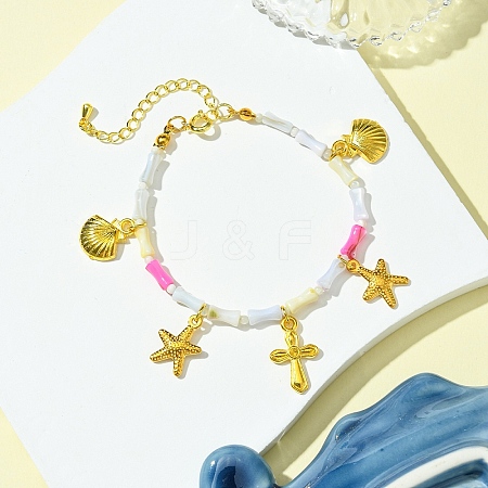 Starfish & Cross & Shell Alloy Charm Bracelet BJEW-FS00015-1
