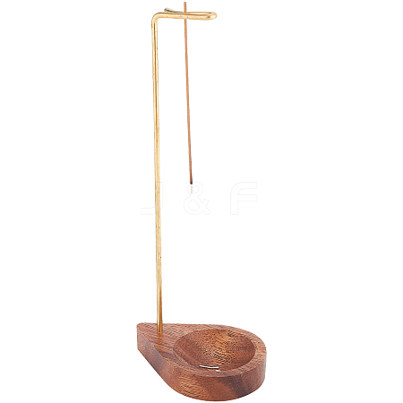 Brass Reverse Style Incense Burner Holder with Wood Teardrop Ash Catcher Tray AJEW-WH0258-702-1