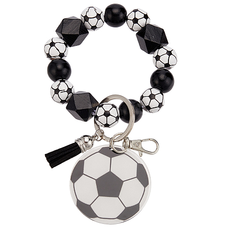 1Pc Printed Acrylic & Faux Suede Tassel Pendant & Wood Bead Keychains HJEW-SP0001-86E-1