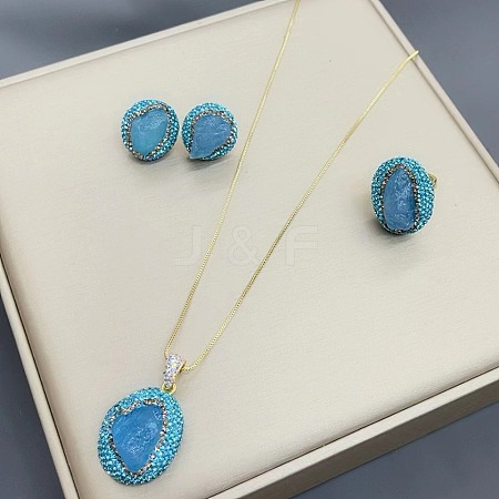 Oval Natural Aquamarine with Czech Rhinestone Pendant Necklaces & Stud Earrings & Rings Sets FS-WG513DD-01-1