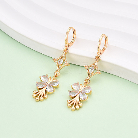 Flower Brass Micro Pave Cubic Zirconia Dangle Leverback Earrings EJEW-N058-13G-1