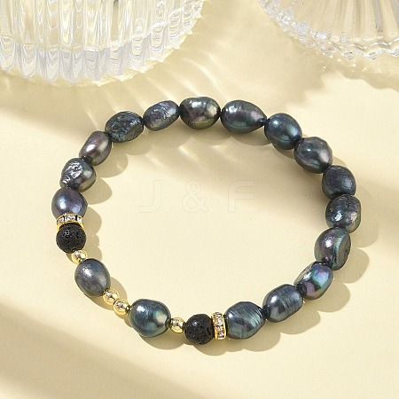 Natural Cultured Freshwater Pearl & Lava Rock Beaded Stretch Bracelets for Women BJEW-JB13714-01-1