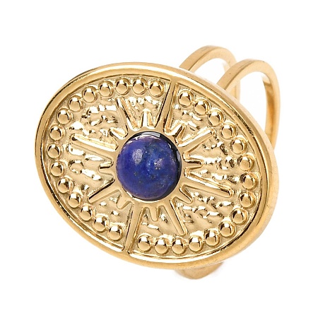 Oval with Sun Natural Lapis Lazuli Finger Rings RJEW-Q822-40G-02-1