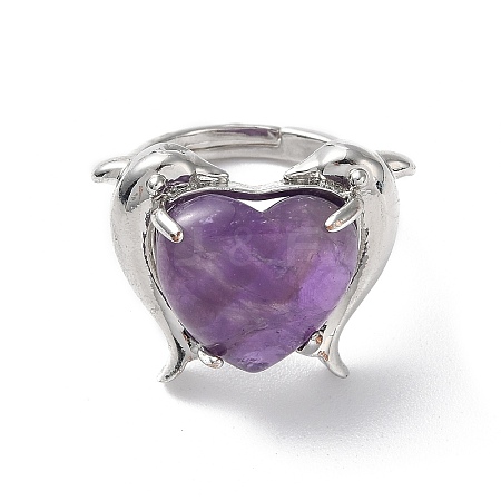 Natural Amethyst Dolphin & Heart Adjustable Rings RJEW-K241-02P-03-1