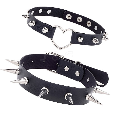 2Pcs 2 Styles Adjustable Gothic PU Leather Alloy Heart Spike Rivet Choker Necklaces for Women NJEW-CL0001-16-1