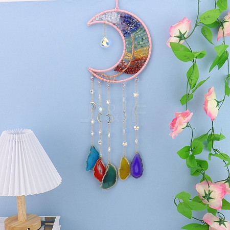 Copper Wire Wrapped Natural Mixed Stone Chips Moon Suncatcher HJEW-H065-10B-1
