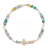 Brass Micro Pave Clear Cubic Zirconia Cross & Natural Pearl & White Jade Rondelle Beads Stretch Bracelets for Women BJEW-JB13114-01-2