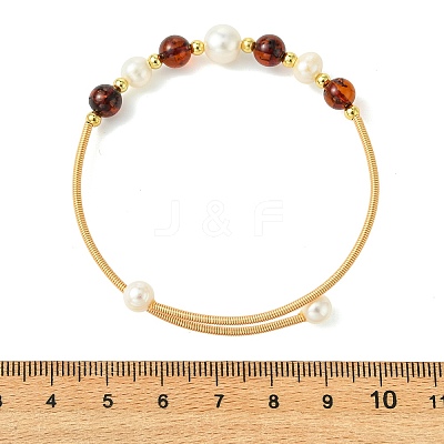 Copper French Wire & Round Natural Amber & Cultured Freshwater Pearl Cuff Bangle for Women BJEW-JB13990-1