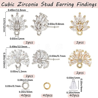 4 Pairs 4 Style Flower Brass Cubic Zirconia Stud Earring Findings KK-CN0003-18-1